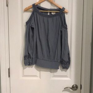 Blue “cold shoulder” embroidered top